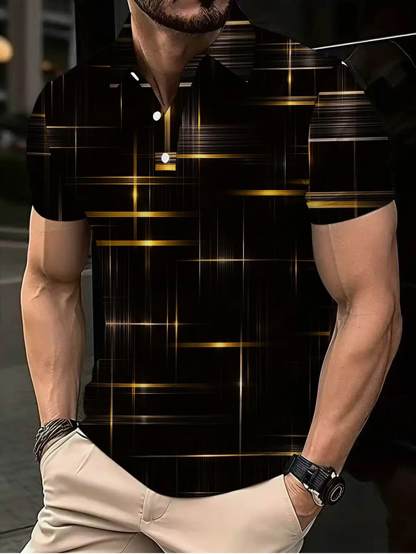 Men's Polo Shirt with Black Gold Checkered Plaid Light Effect Print, Business Casual Office Luxury Style Checked, Menswear