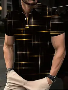 Men's Polo Shirt with Black Gold Checkered Plaid Light Effect Print, Business Casual Office Luxury Style