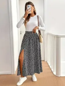 Women's Elastic Waist Ditsy Floral Skirt Bottom, Split Thigh A-Line Long Skirt, Casual Fit Style for Daily Wear and Vacation