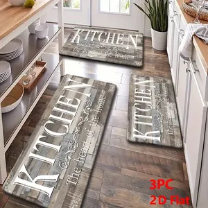 2/3pcs Flannel Kitchen Mat Set, Weathered Wood Texture, Non-Slip, Absorbent, Modern Style, Home Decor