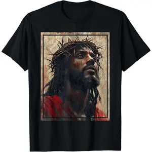 Black Jesus Face Of Jesus Cross With Crown Of Thorns T-Shirt R0Y