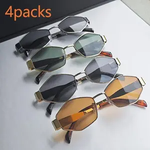 Women's 4-Pair Diamond Sunglasses Set - Trendy Female Semi-Rimless Eyewear, Small Metal Frame, Geometric Oversized Polygonal/Vintage Oval Designs, Lightweight Durable, Blue Light Blocking Lenses, for Daily Wear & Casual Outings
