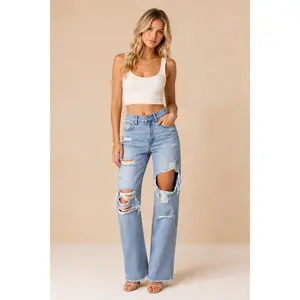 Lady's High-Rise Distressed Straight Jeans - Vintage Pants with Belt Loops and Pockets *Final Sale*