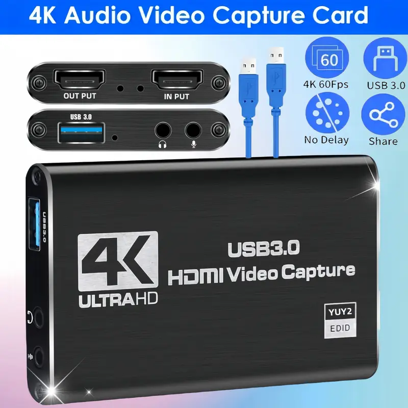 HDNKT 4K HDMI Loop-Out Audio Video Capture Card with Microphone, 1080p 60fps Recorder for Gaming, PS5 Compatible Accessories for PC Setup, OBS Recording Works with Switch/Camera/PC