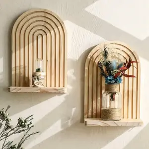 Bohemian Wall Shelf Decor, Floating Wooden Rack for Living Room Bedroom, Dual Layer Hanging Display Stand, Boho Style Storage Organizer