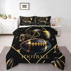 Football Comforter Set Rugby Sports Bedding Set for Kids Boys Girls Black and Gold Duvet Quilt Gift for Football Lover Bedroom Decor Microfiber