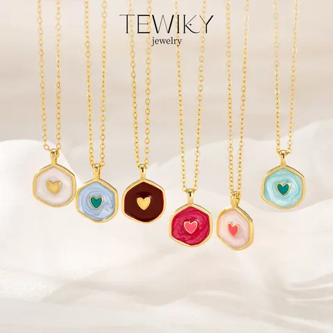 Tewiky 14K Gold Plated Neclace For Women irregular Love Necklace for Women Dainty Simple Fluorescent dual-color drip heart round Pendant with Enamel & Cubic Zirconia Gem Elegant Hypoallergenic Party Daily Wear For Fashionable and unique items,Holiday gift