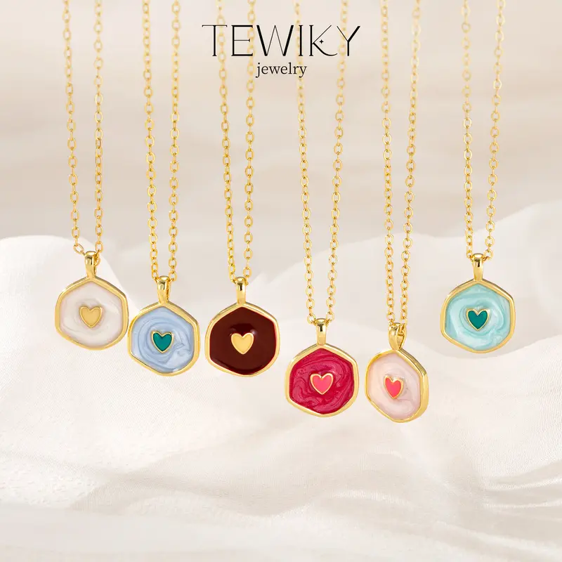 Tewiky 14K Gold Plated Neclace For Women irregular Love Necklace for Women Dainty Simple Fluorescent dual-color drip heart round Pendant with Enamel & Cubic Zirconia Gem Elegant Hypoallergenic Party Daily Wear For Fashionable and unique items,Holiday gift