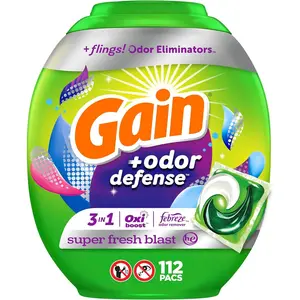 Flings Laundry Detergent Soap Pacs with Odor Defense, Super Fresh Scent, 112 Count, 3 in 1 Laundry Pods with Febreze and Oxi