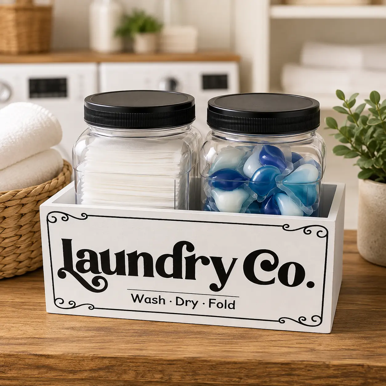 Laundry Pods Container, Rustic Laundry Room Organization with 2 Spoons, Wooden Laundry Organizer 2 Pcs 50OZ Laundry Detergent Container for Laundry Detergent Pods, Powder, Scent Booster (Black)