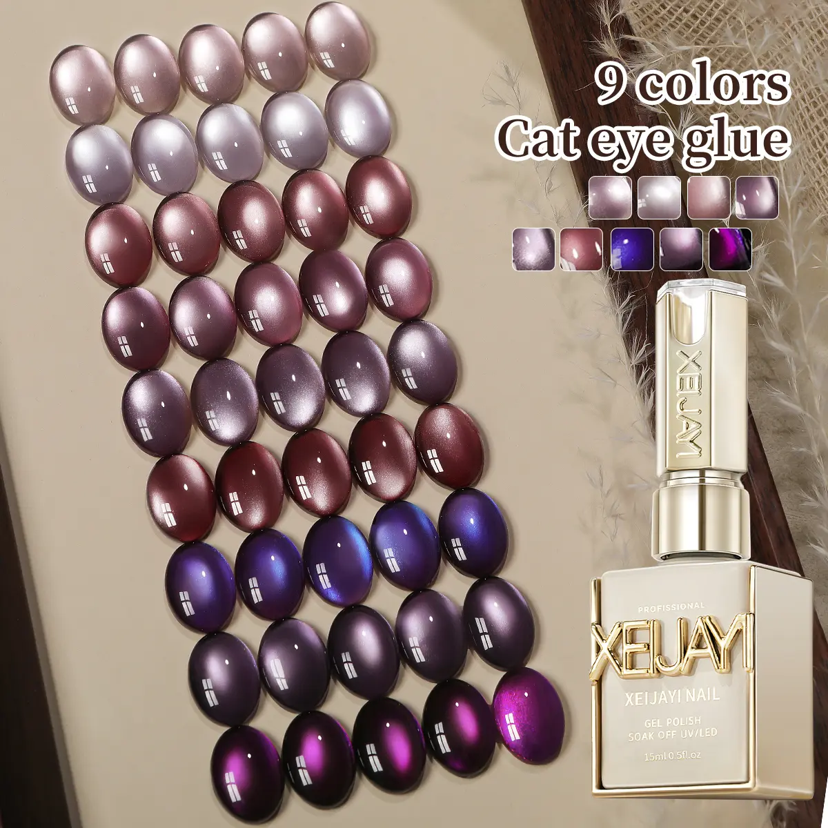XEIJAYI 9PCS/6PCS 15ML TPO&HEMA-Free Aurora Magnetic Flower Liquid Nail Polish Gel Set, 9 Purple Shimmer Shades, Easy-Remove Soak-Off UV Light Gel, Nail Care Bottles, DIY Manicure Supplies for Home & Salon Use