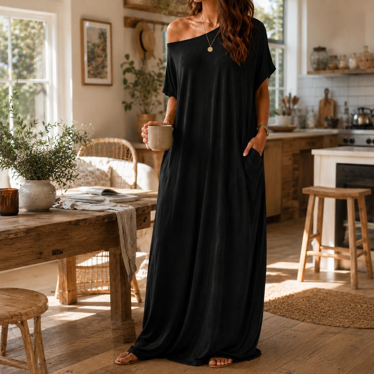 Women’s Oversized Batwing Sleeve Lounge Dress Soft Comfy Loose Fit Maxi Nightdress Casual Short Sleeve Sleepwear with Pockets Breathable Loungewear for Home Daily Wear Vacation Womenswear