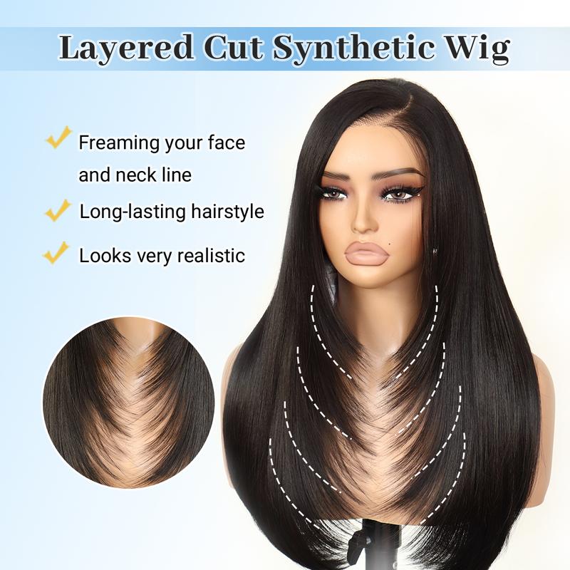 Synthetic 9x7 Glueless C-Part Layered Wig Wear and Go Lace Front Straight Wig Pre Plucked Pre Cut Vivid Self Growing Clean Hairline with Tiny Knots