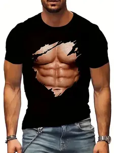 Men's Six-Pack Abs Workout Shirt, 3D Printed Short Sleeve, Casual Running Apparel, Comfortable Loose Fit, All Seasons