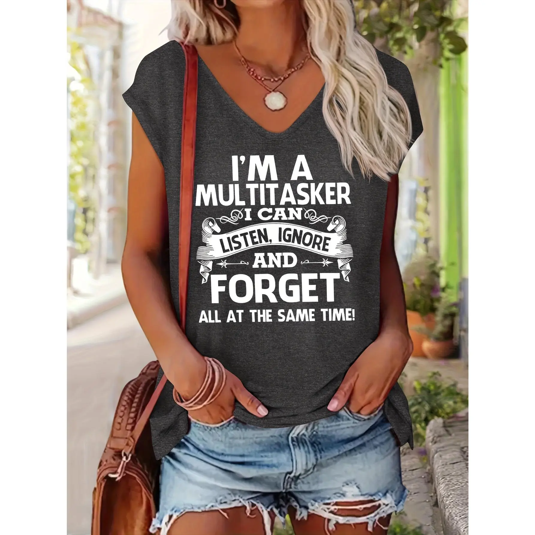 Women's V-Neck Short Sleeve Relaxed Fit Letter Print Cotton-Polyester Spandex T-Shirt - V-Neck Cut, Lightweight Soft Comfortable, Machine Washable Summer Everyday Top for Outdoors, Pair with Jeans, Casual, Stylish Women's Wear, Fabric, Fitted, Easy Daily