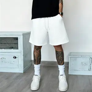 Men’s Heavyweight Textured Jacquard Summer Loose Straight-Leg Drawstring Bermuda Shorts, White Casual Athletic Pants