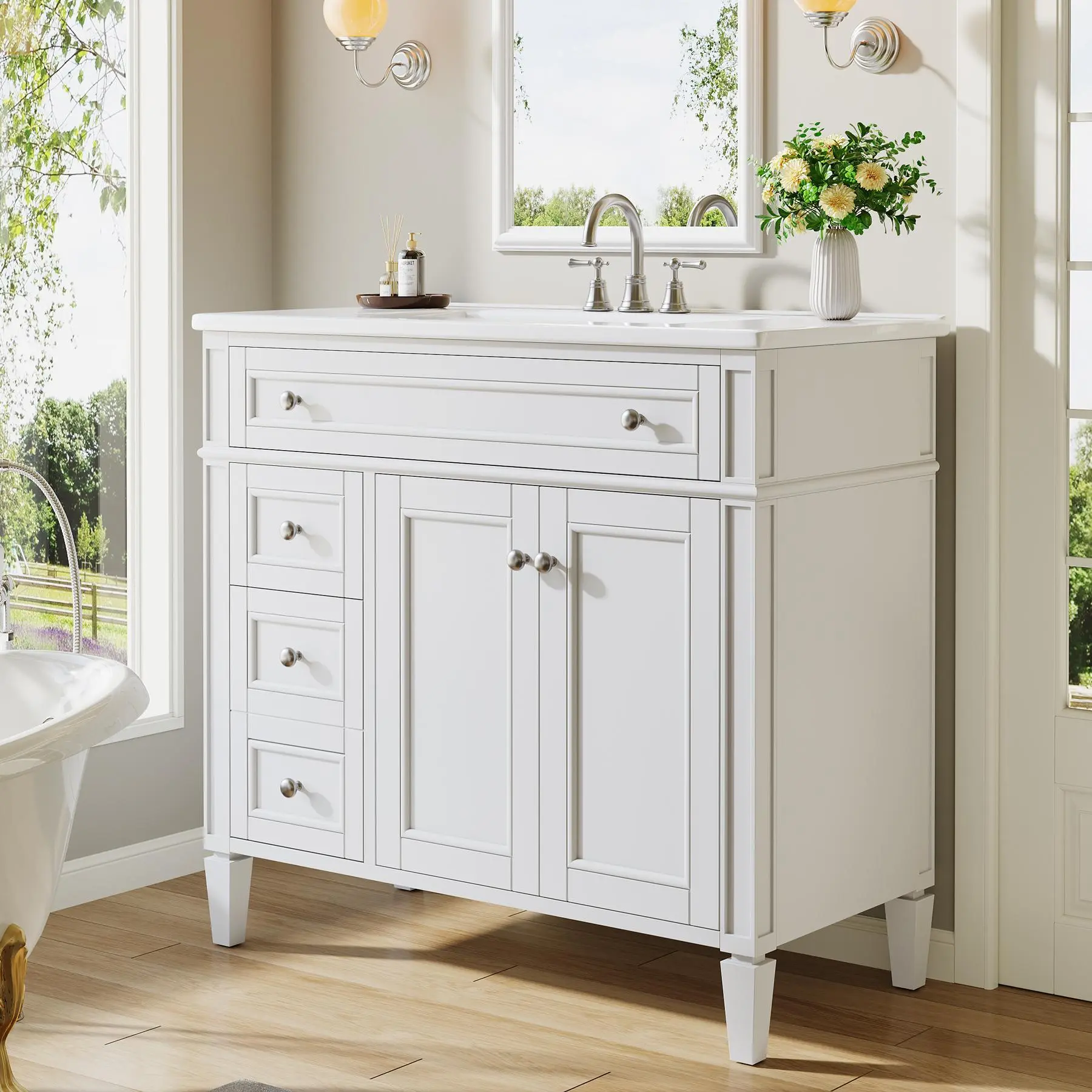 Tribesigns 36" Bathroom Vanity with Sink, Modern Bathroom Sink Cabinet with 4 Drawers & 2 Doors, Bath Storage Vanity Sink with Metal Handles, Solid Wood Frame, Paint Surface White