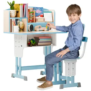 2Pcs/Set Kids Desk Chair Set, Adjustable Height School Leaning Table Chair Set with Drawer Design, Children Desk Chair Set with Four Partition Book Stand, Backpack Hook, Cup Holder