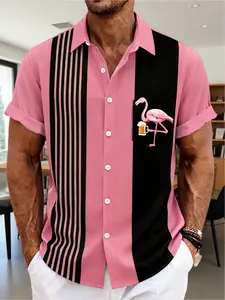 Hawaiian Stripe Flamingo Print Men's Button- Short-Sleeve Vacation Shirt