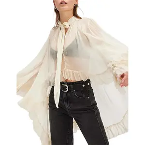 Women's long sleeved ruffled top sexy transparent ruffled edge border shirt top self knot collar shawl flower shirt top