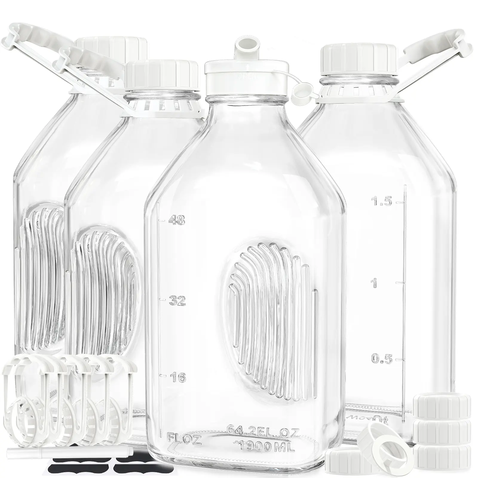Syntic 4-Pc 64oz Glass Milk Jar Set with Handle, Airtight Reusable Silicone Bottle Lid, 2 Pour Spouts, Scale & 1/2 Gal Drink Containers for Water, Juice