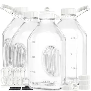Syntic 4 Pc 64oz Glass Milk Bottles&Juice Bottle with Handle and Airtight Reusable Screw Lids, 1/2 Gal Glass Water & Juice Bottles with 2 Pour Spouts, 64 Oz Milk Jug Pitcher w Scale