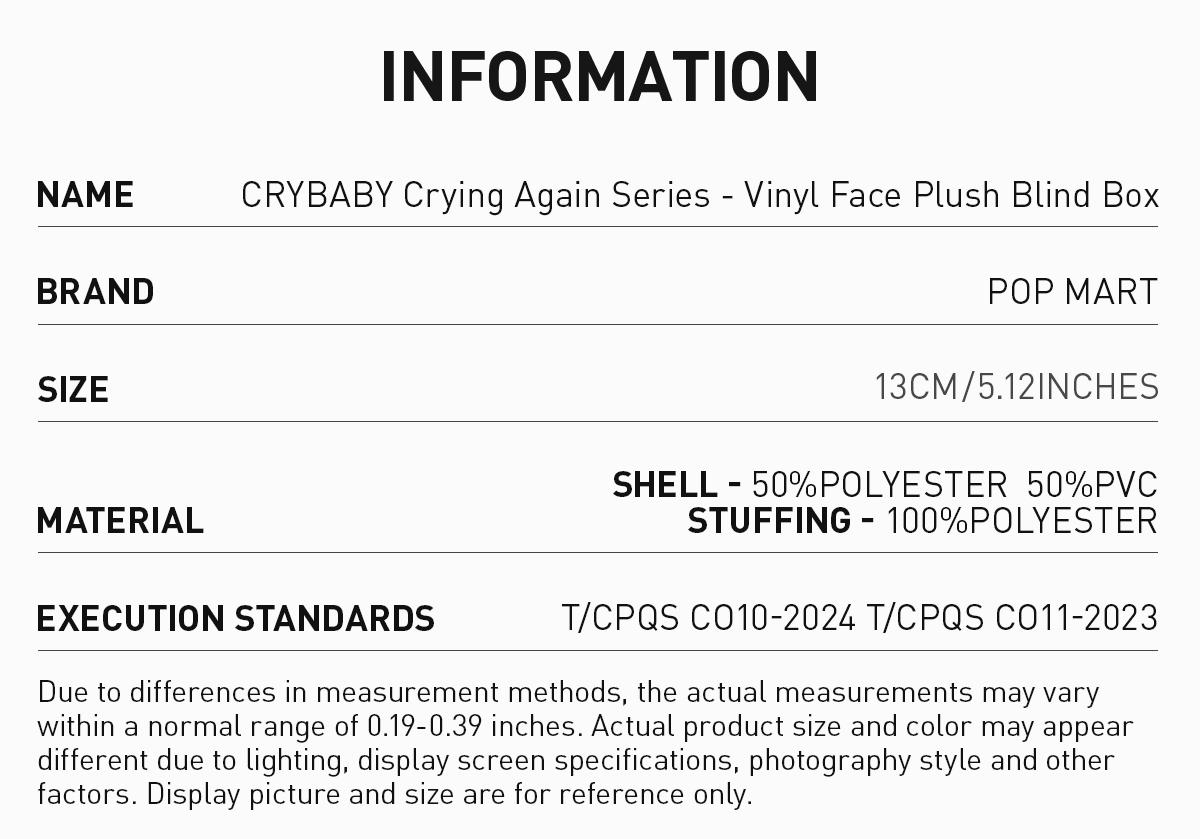 POP MART CRYBABY Crying Again Series-Vinyl Face Plush Blind box, Collectible Toys