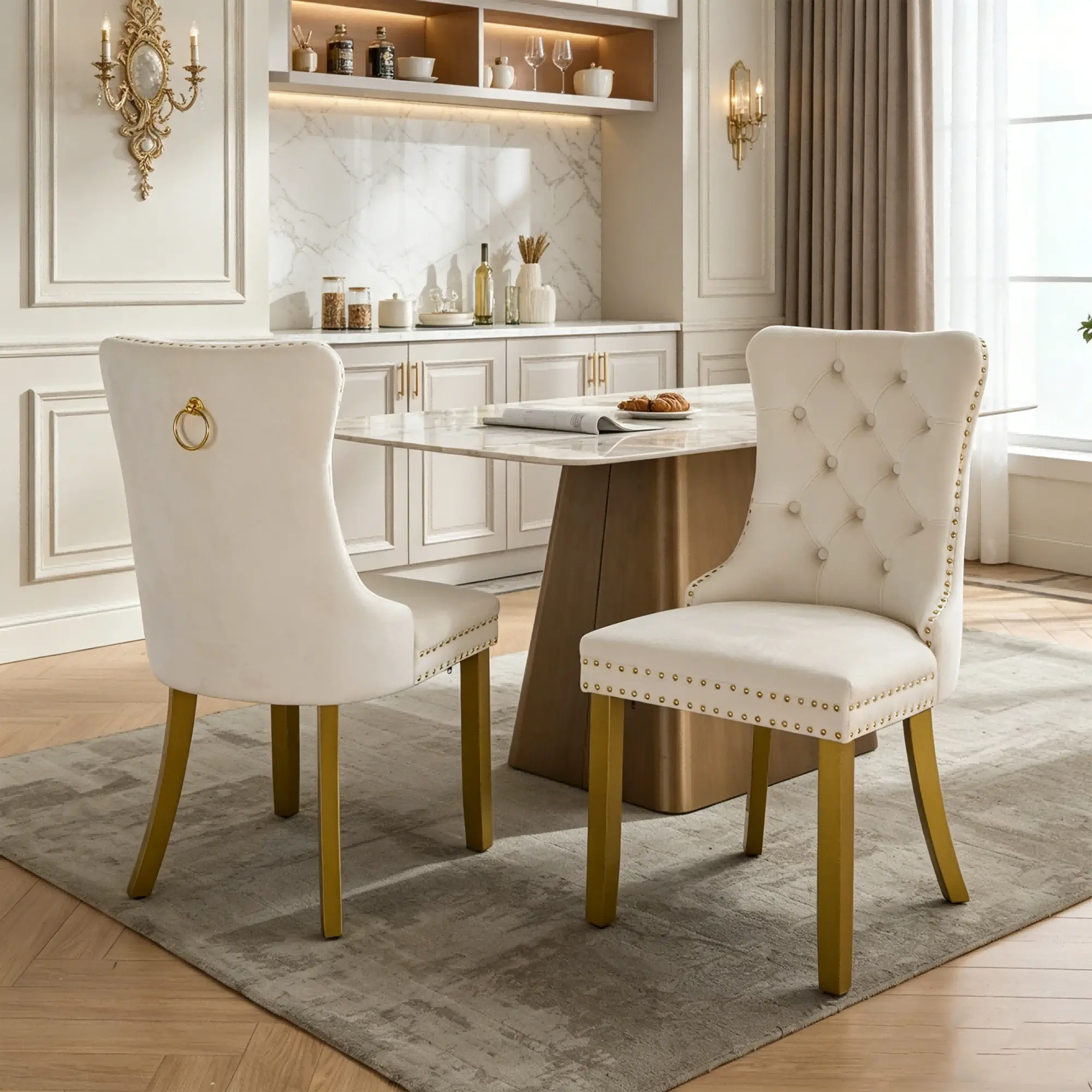 Set of 2 Modern Velvet Tufted Dining Chairs, Upholstered Side Chairs with Golden Solid Wood Legs, Nailhead Trim & Back Pull Ring, High-End Contemporary Accent Chairs for Dining Room Kitchen Living Room