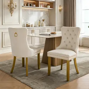 Set of 2 Modern Velvet Tufted Dining Chairs, Upholstered Side Chairs with Golden Solid Wood Legs, Nailhead Trim & Back Pull Ring, High-End Contemporary Accent Chairs for Dining Room Kitchen Living Room