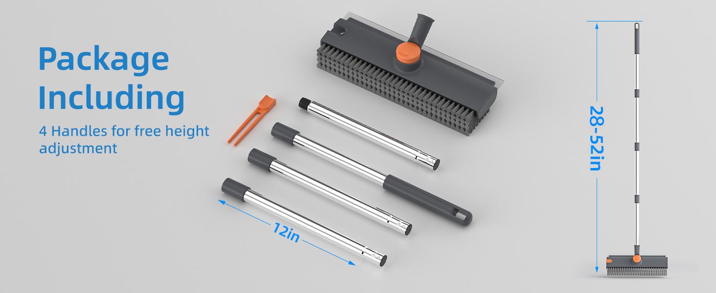 Floor Scrub Brush with Long Handle, 3 in 1 Scrape and Heavy-Duty Stiff Bristle Scrubber Brush for Cleaning Shower Bathroom, Patio, Pool, Garage, Kitchen, Wall and Deck (Gray, 1 Pack)