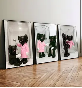 Set of 3 Black Kaws in Shower & Bathroom, Poster Print Unframed, Kaws Poster, Hypebeast Prints, Washroom Wall Art, Bathroom Decor