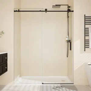 Frameless Sliding Shower Door,56-60" W x 76" H  Waterproof Glass Shower Door,5/16" Thick Tempered Clear Glass with Explosion-Proof Film ,Handle and Seal Strip, Brushed Nickel