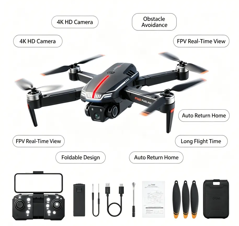 Foldable RC Camera Drone with 4K Support, Obstacle Detection, Altitude Hold, 1-Key Takeoff & Return, Portable Quadcopter for Outdoor Hobby Aerial Shooting sohochic