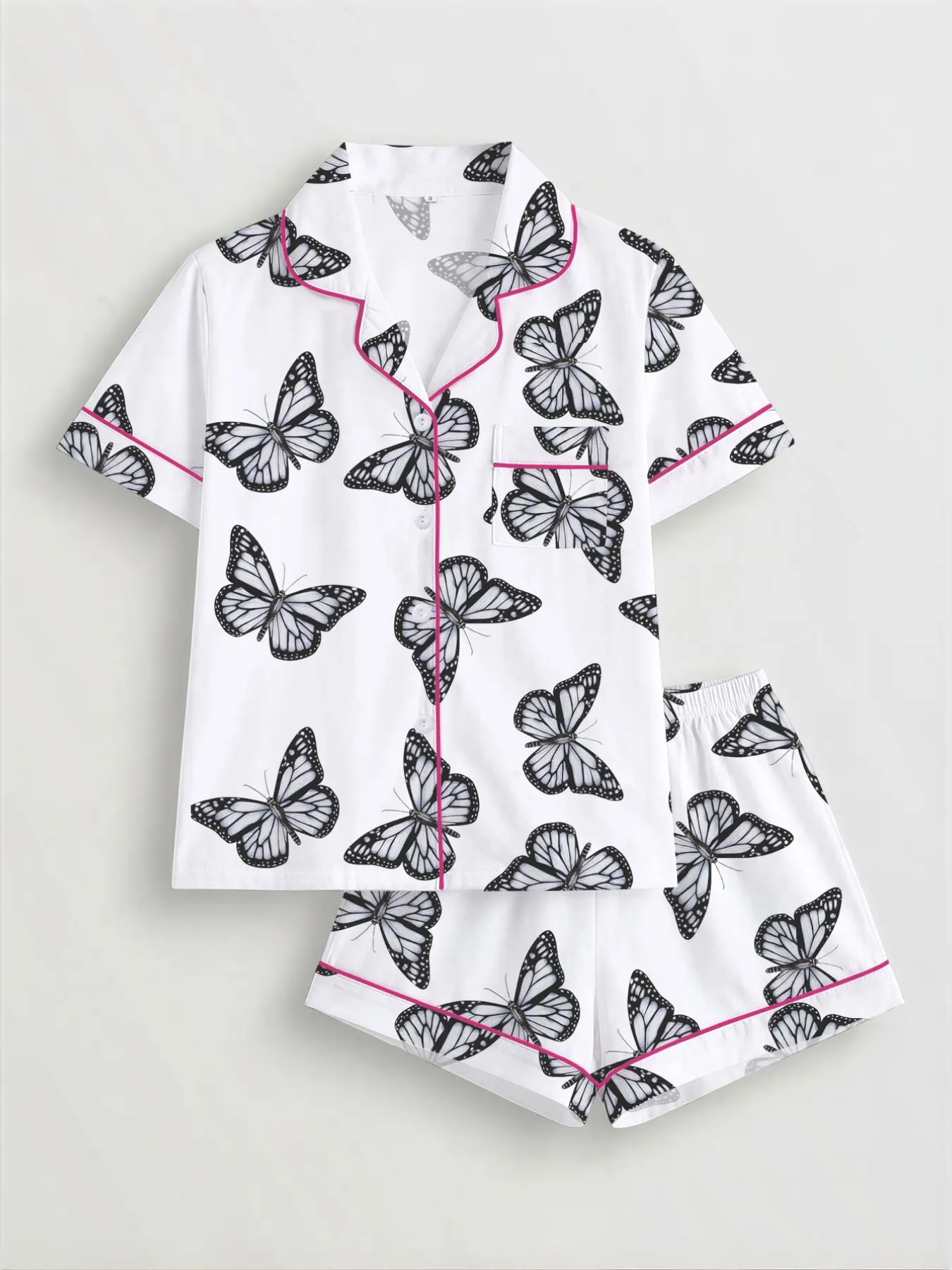 Women's Butterfly Printed Sleepwear Set, Nightwear Sleepwear, Pajama Set, Short Sleeve Button-Up Top & Elastic Shorts, Casual Fashion All Seasons Loungewear Home Wear