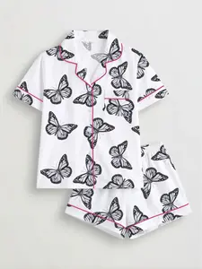 Women's Butterfly Printed Sleepwear Set, Pajama Set, Short Sleeve Button-Up Top & Elastic Shorts, Casual Fashion All Seasons Loungewear Home Wear