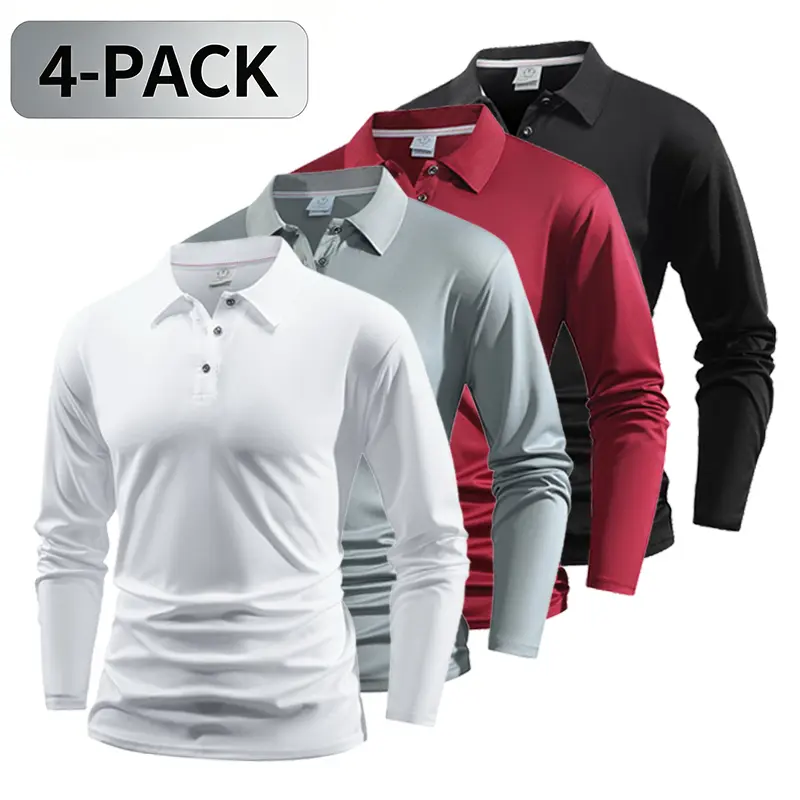 4-Pack Men’s Basic Long Sleeve Polo Shirts, Turn-Down Collar, Button Front, Business Casual Tops
