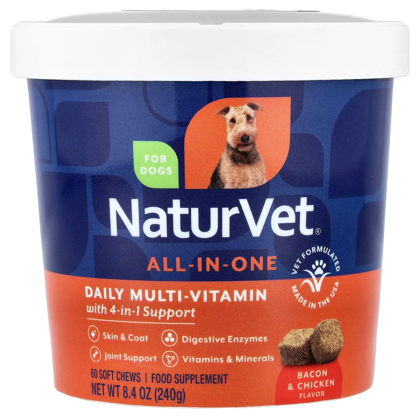 NaturVet All-In-One, Daily Multi-Vitamin with 4-in-1 Support, For Dogs, Bacon & Chicken, 60 Soft Chews, 8.4 oz (240 g)
