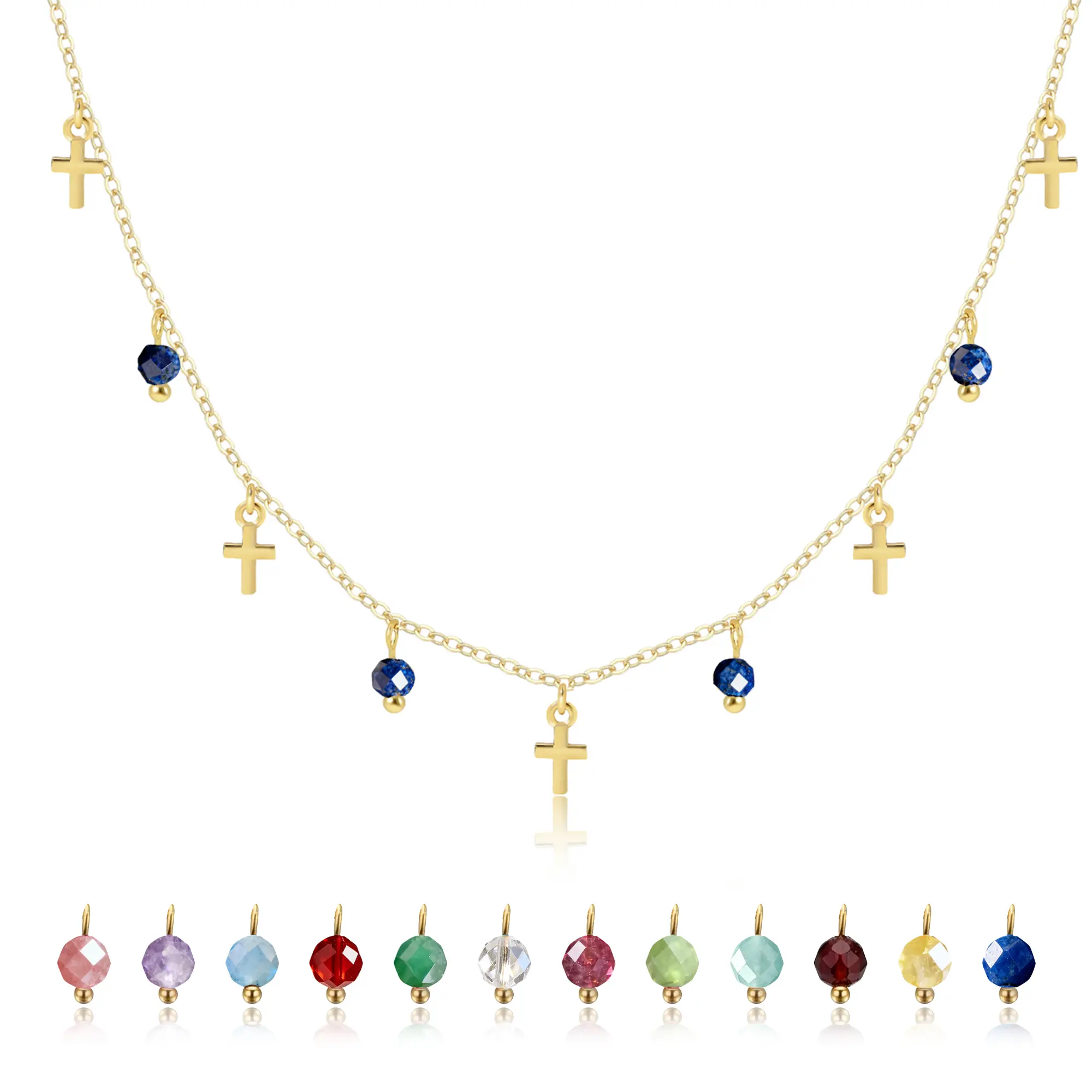Helirose Cross Choker Necklace for Women, 14K Gold Plated 12 Color Birthstone Mini Cross Charm Chain, Dainty Christian Jewelry, Non Tarnish Hypoallergenic Gift for Her