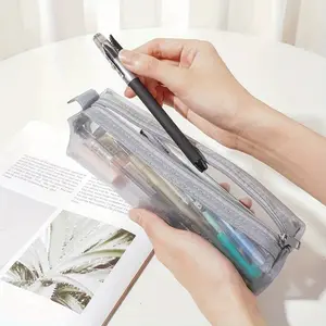 1pc Simple Style Large Capacity Pencil Case, Transparent Mesh Zipper Bag, Stationery Organizer, School Supplies Storage, Desk Supplies, Minimalist Design