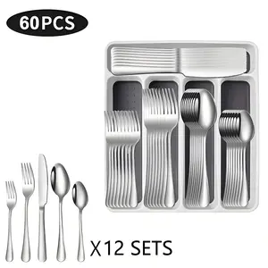 60-Piece Silverware Set for 12 with Storage Tray, Stainless Steel Flatware Set, Dishwasher Safe Cutlery Set, Mirror Polished Eating Utensils for Kitchen & Home