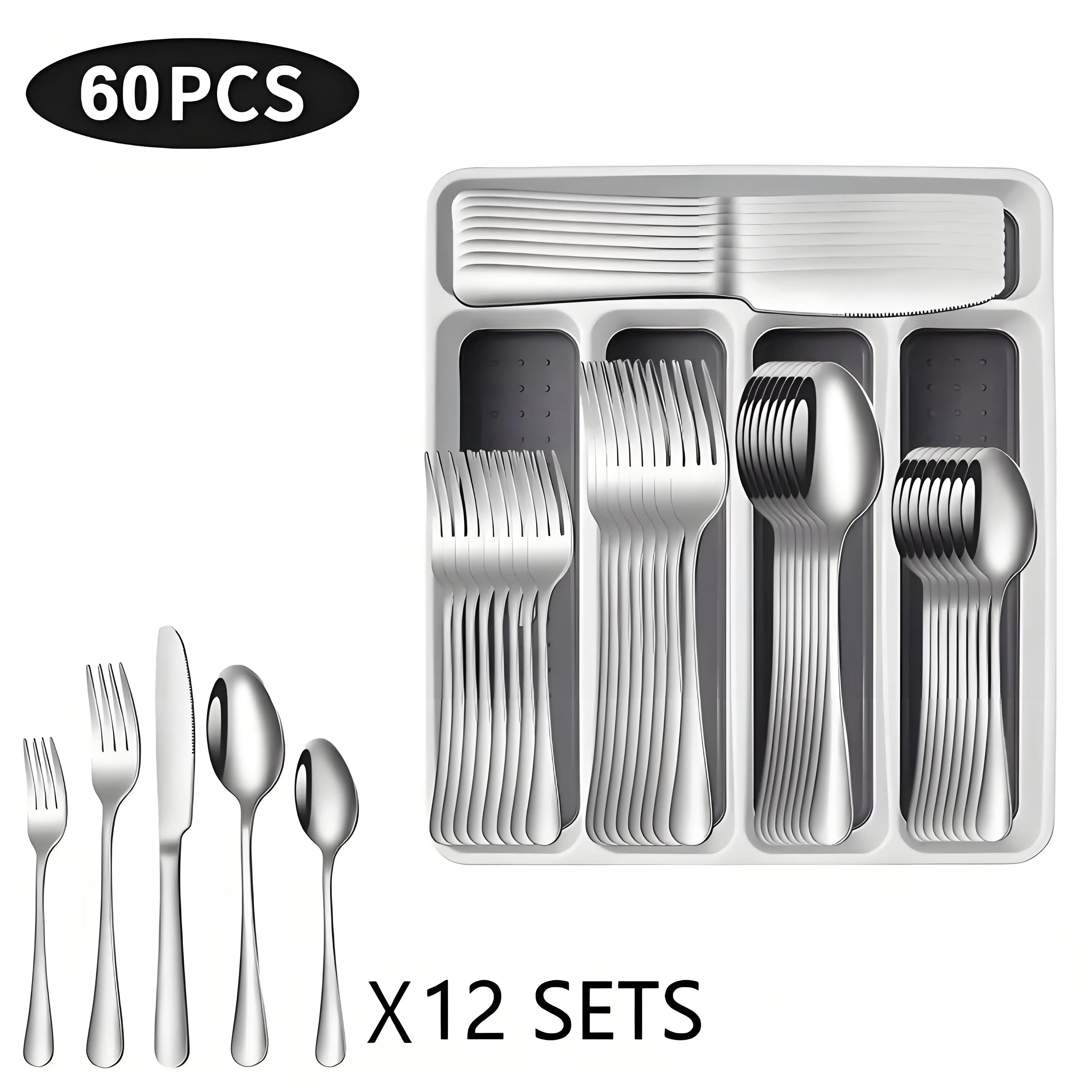 60-Piece Silverware Set for 12 with Storage Tray, Stainless Steel Flatware Set, Dishwasher Safe Cutlery Set, Mirror Polished Eating Utensils for Kitchen & Home