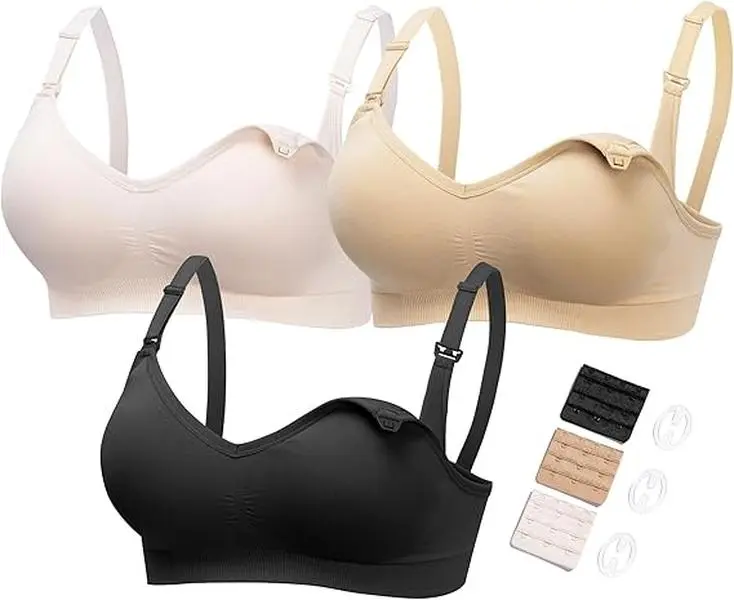 HOFISH Maternity Nursing Bras, 3 Pack Seamless Modal V-Neck Wirefree Bra, Push Up Supportive Solid Underwear for Breastfeeding with Extenders, Maternity Solid Bra, Breastfeeding Maternity Underwear