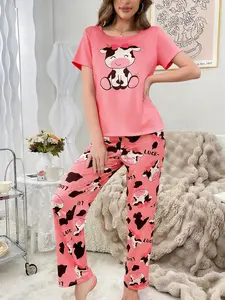 Women's Casual Fashion Short Sleeve Top and Straight Leg Pants Pajama Set, Comfortable Wear-Home, Spring & Fall Loose-Fit, Loungewear