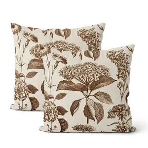 2PCS Brown Pillow Cover, Boho Retro Floral Decorative Pillow, Hydrangea Style, Seasonal Outdoor Farmhouse Style Simple Accent Pillow Cover, Linen Polyester Cushion Cover for Sofa