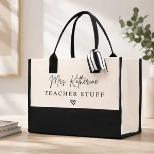 Personalized Teacher Stuff Tote Bag Custom Work Tote for Teachers Minimalist Chic Preppy Aesthetic Black and Cream Canvas Color Block with Striped Ribbon Tie Appreciation Week Thank You End of Year & Christmas Gifts