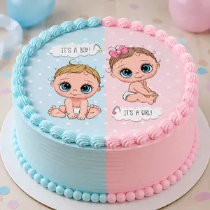 Gender Reveal Edible sheet – 8 Inch Round sweet baby boy and baby girl design with soft pink and blue colors, perfect for gender reveals