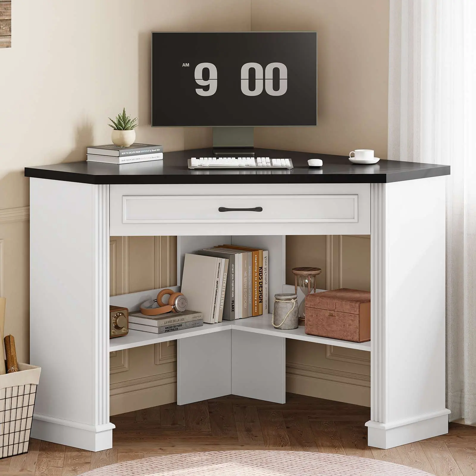Sedeta Modern 31.5-in Deep Corner Computer PC Desk - Compact Triangle Office Furniture with Stable Base, Storage Drawer, Shelf, Assembly Required for Home Office Tight Spaces, Student Learning Desk Setup