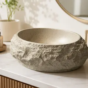 ARCH 18 Inch Irregular Oval Resin Vessel Bathroom Sink, Artistic Stone Pattern Basin, Beige Color, Modern Above Counter Bowl, No Faucet, Durable Resin Construction, Easy Clean, for Bathroom Vanity Remodel, Beige Color Options, Resin Material