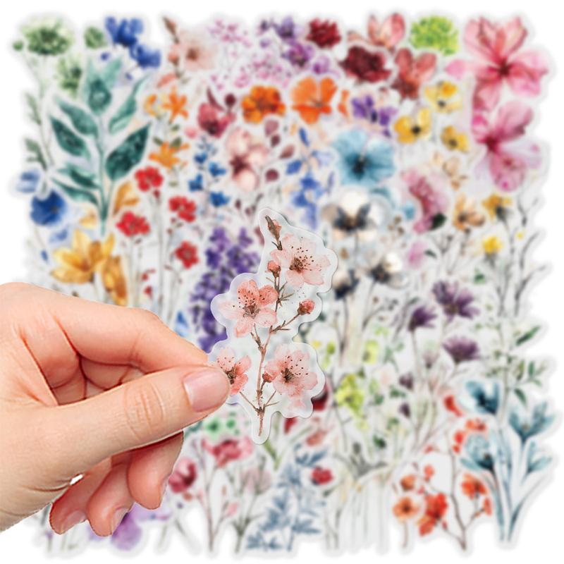 50 Watercolor Floral Transparent PET Stickers - Suitable for Waterproof Decorative DIY Stickers for Suitcases, Phone Cases, Laptops, Helmets, Skateboards