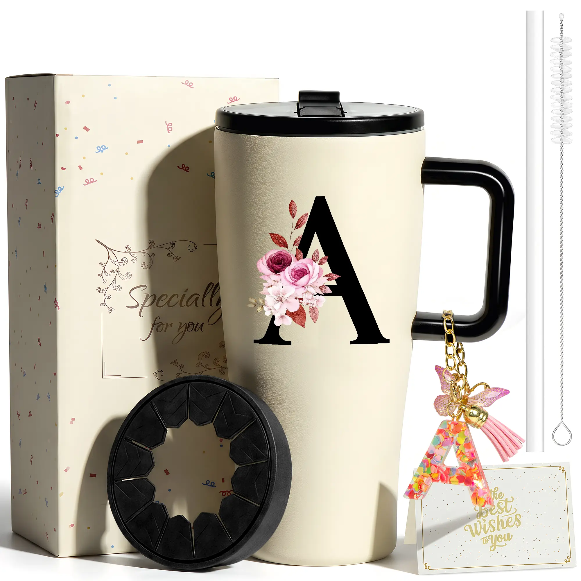 ZIOSINM 30oz Personalized Monogram Stainless Steel Travel Flask - Portable, Stylish, 12H Ice Retention, Handle, Reusable Silicone Ring, 26 Initial Letter Flower Design for Beach, Office, Summer Travel